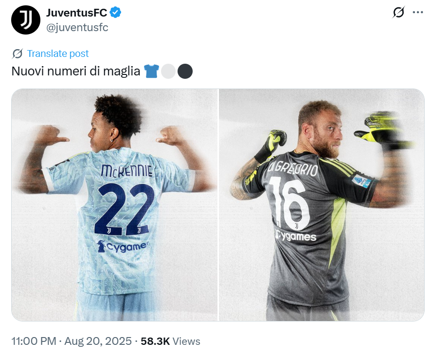 yl7703永利-尤文官方：麦肯尼新赛季号码变更至22号，迪格雷戈里奥变更至16号